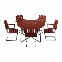 9A matbord Ø120 cm + 5 A2 fåtölj mörkröd ek-svart stativ
