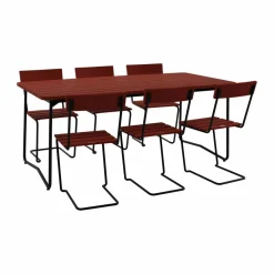 B31 bord 170 cm + 6 Stol 1 mörkröd ek-svart stativ
