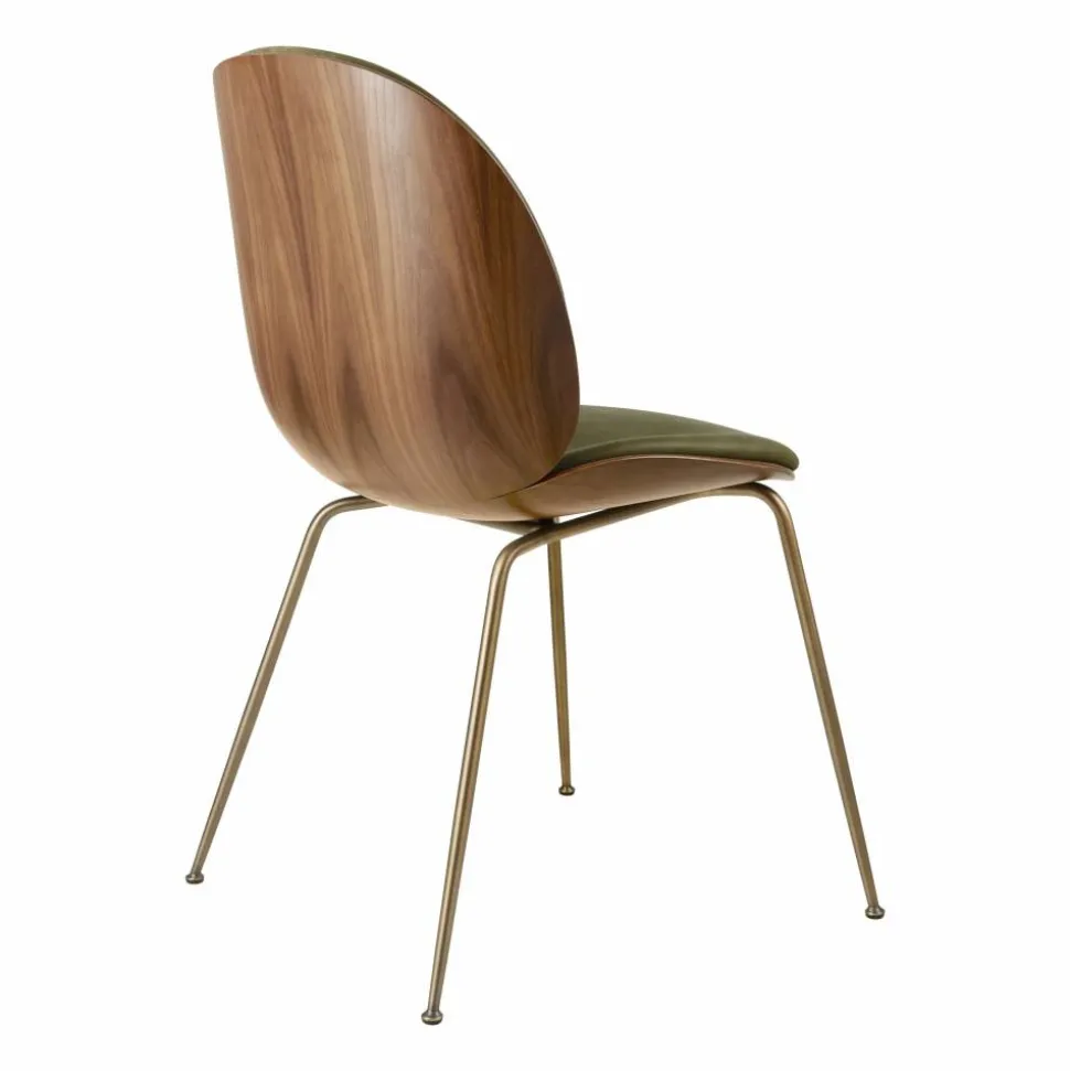 Beetle framsidesklädd stol valnöt Leather Army-antigue brass
