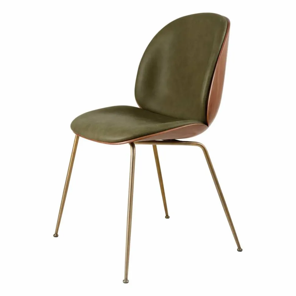 Beetle framsidesklädd stol valnöt Leather Army-antigue brass