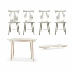 Carl matbord Ø115 & Ilägg + Lilla Åland stol 4-pack – Ljus björk-beige