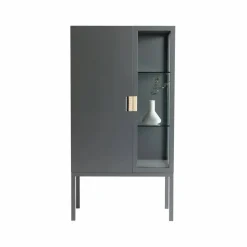 Frame Semi vitrinskåp char grey handtag läder natur