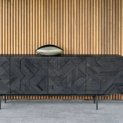 Graphic sideboard Teak svart 4 dörrar