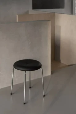 Taburett pall Svart läder-kromat stativ 45 cm