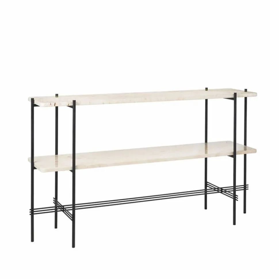 TS Console avlastningsbord 120x30x72 cm natural white travertine svart stativ 2 marmorhyllor