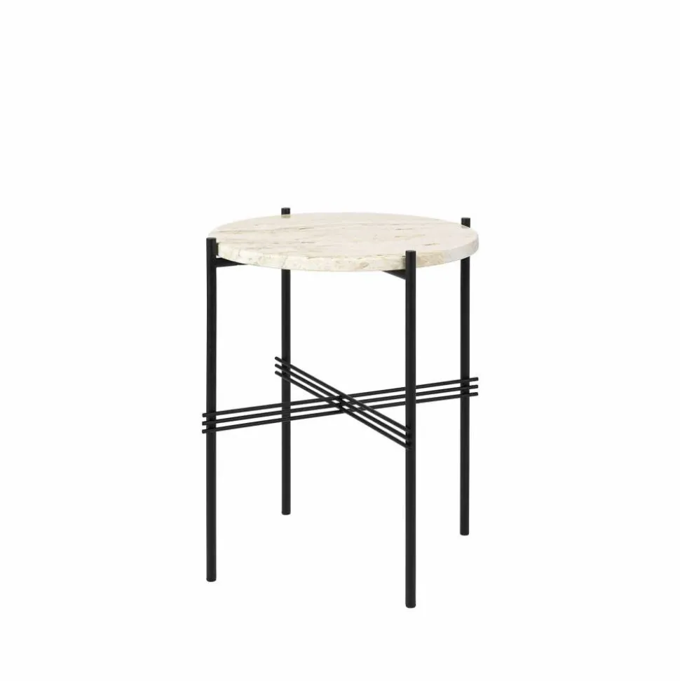 TS Round sidobord natural white travertine ø40 svart stativ