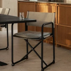 X75-2 karmstol Linneväv natur-Elmo Nordic läder Cognac-kromade ben
